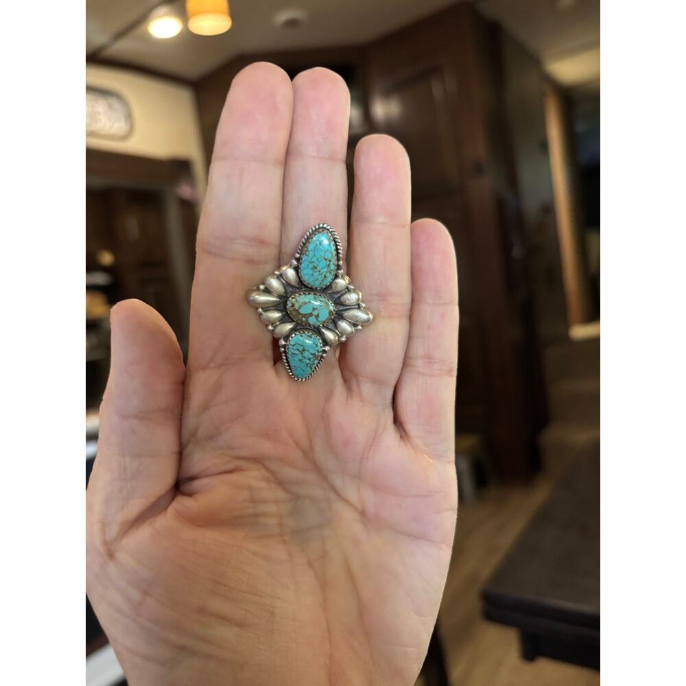 Number 8 Turquoise Three Stone Crawler Ring Sterling Silver - Picture 3 of 8